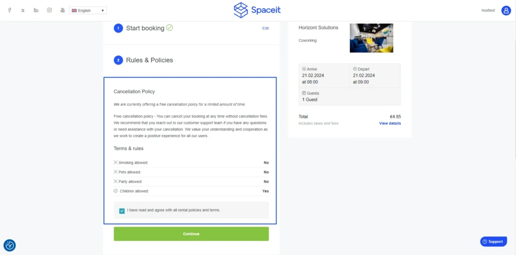 Step five of how to make a payment using Stripe: Checkout page with rules and policies section highlighted