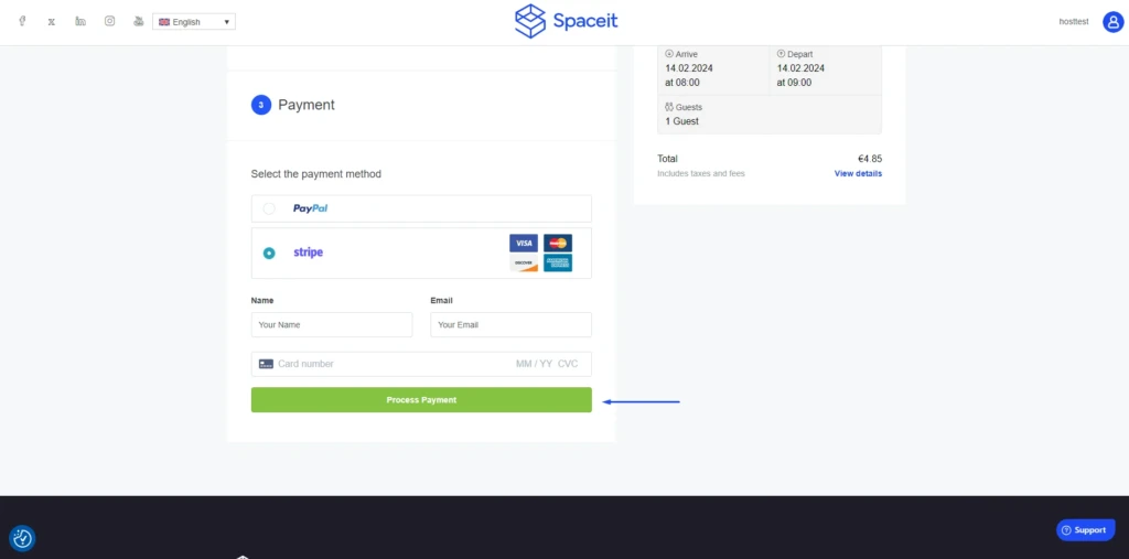 Step seven of how to make a payment using Stripe: Checkout page with an arrow pointing towards process payment button