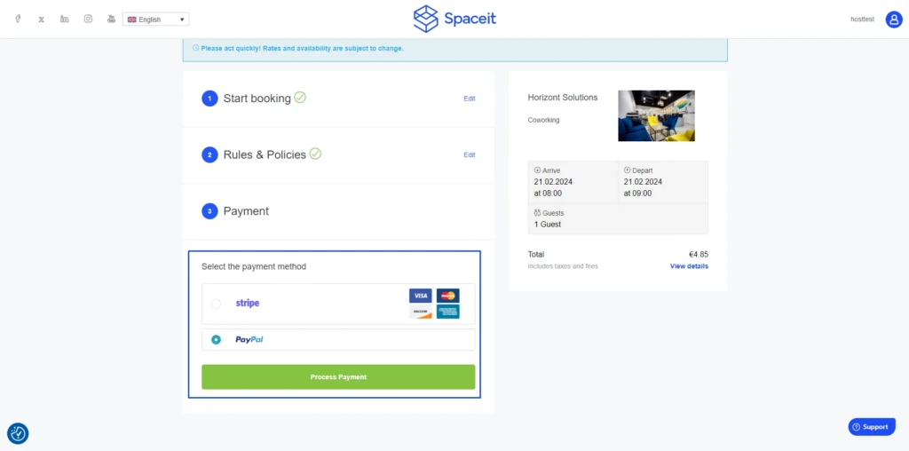 Step eight of how to book: Checkout page with PayPal selected