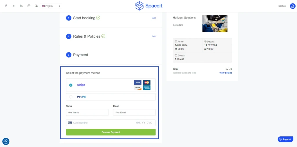 Step eight of how to book: Checkout page with stripe selected and input fields for card information highlighted 