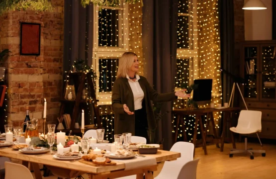 A woman posing in front of a festive dining table adorned with twinkling Christmas lights.