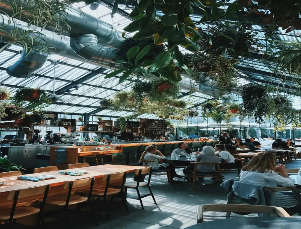 The interior of the restaurant with plants hanging from ceiling.