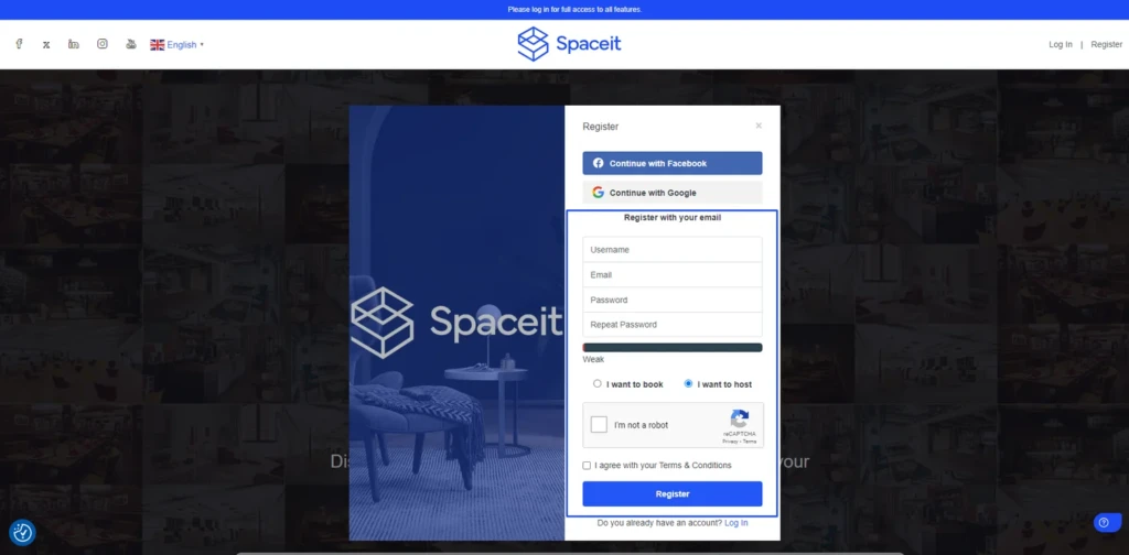 Step two of how to register: Register form on Spaceit with the required input fields highlighted.