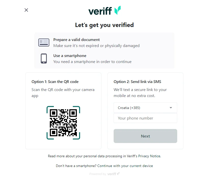 Step three of how to verify: Veriff verification page to start the process